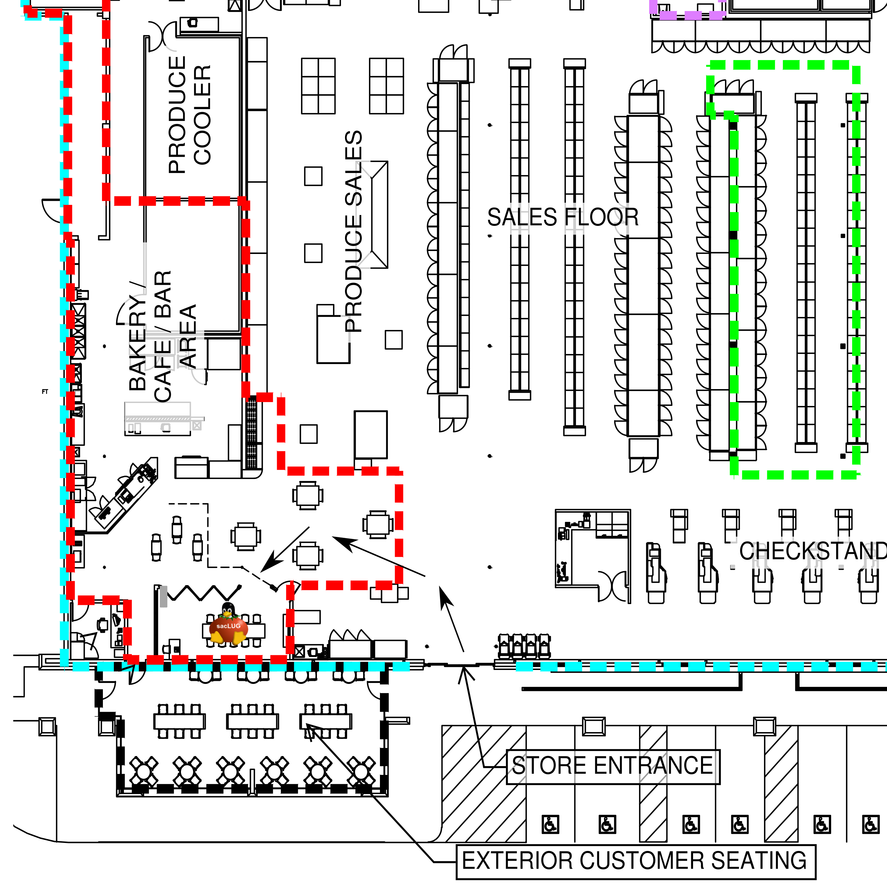 pictographic map showing path from outside bel air market to meeting room